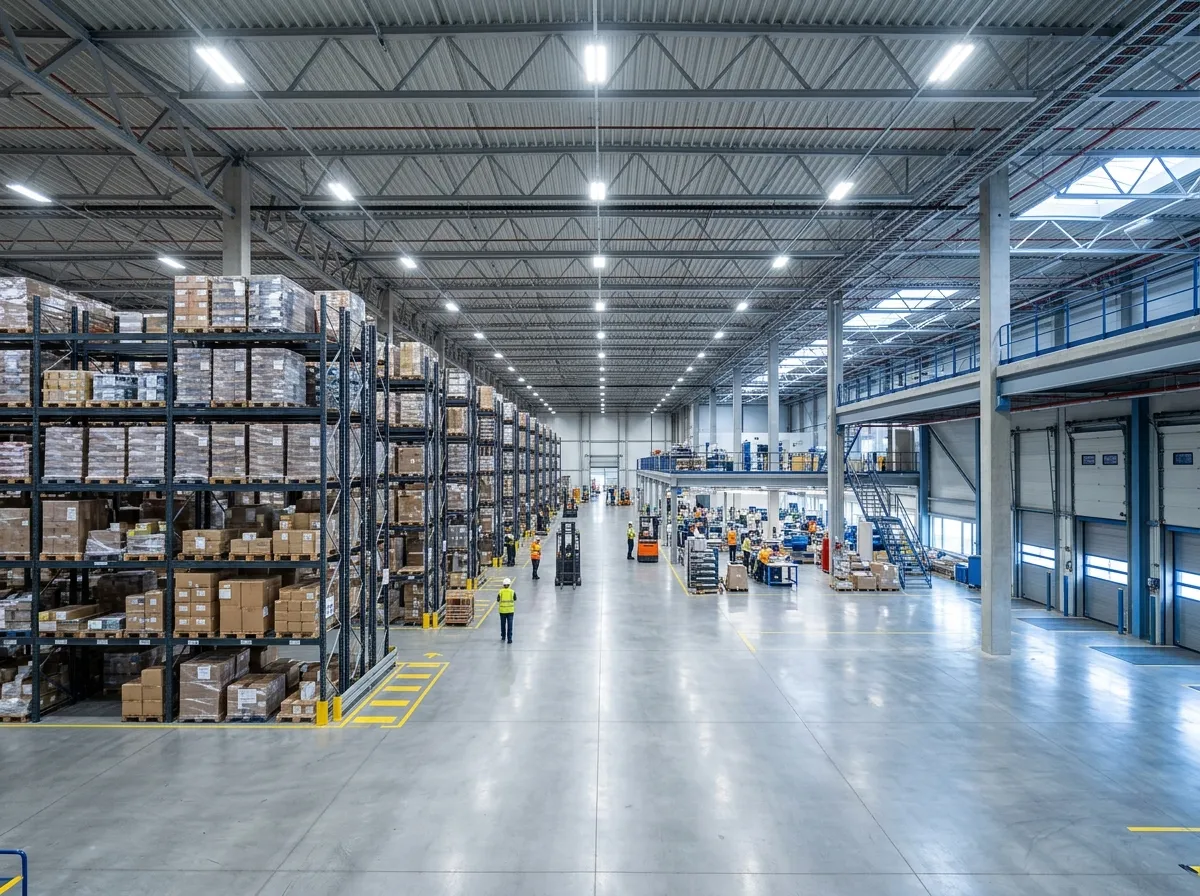 Capannone industriale illuminato con moderne lampade LED